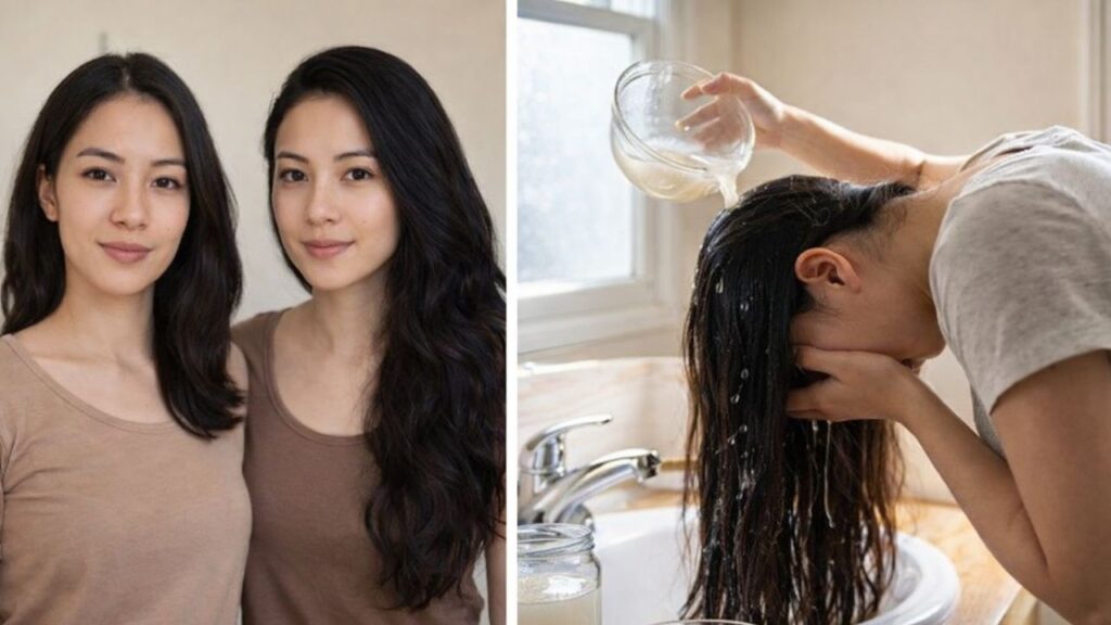 Women Using Rice Water Hair Rinse